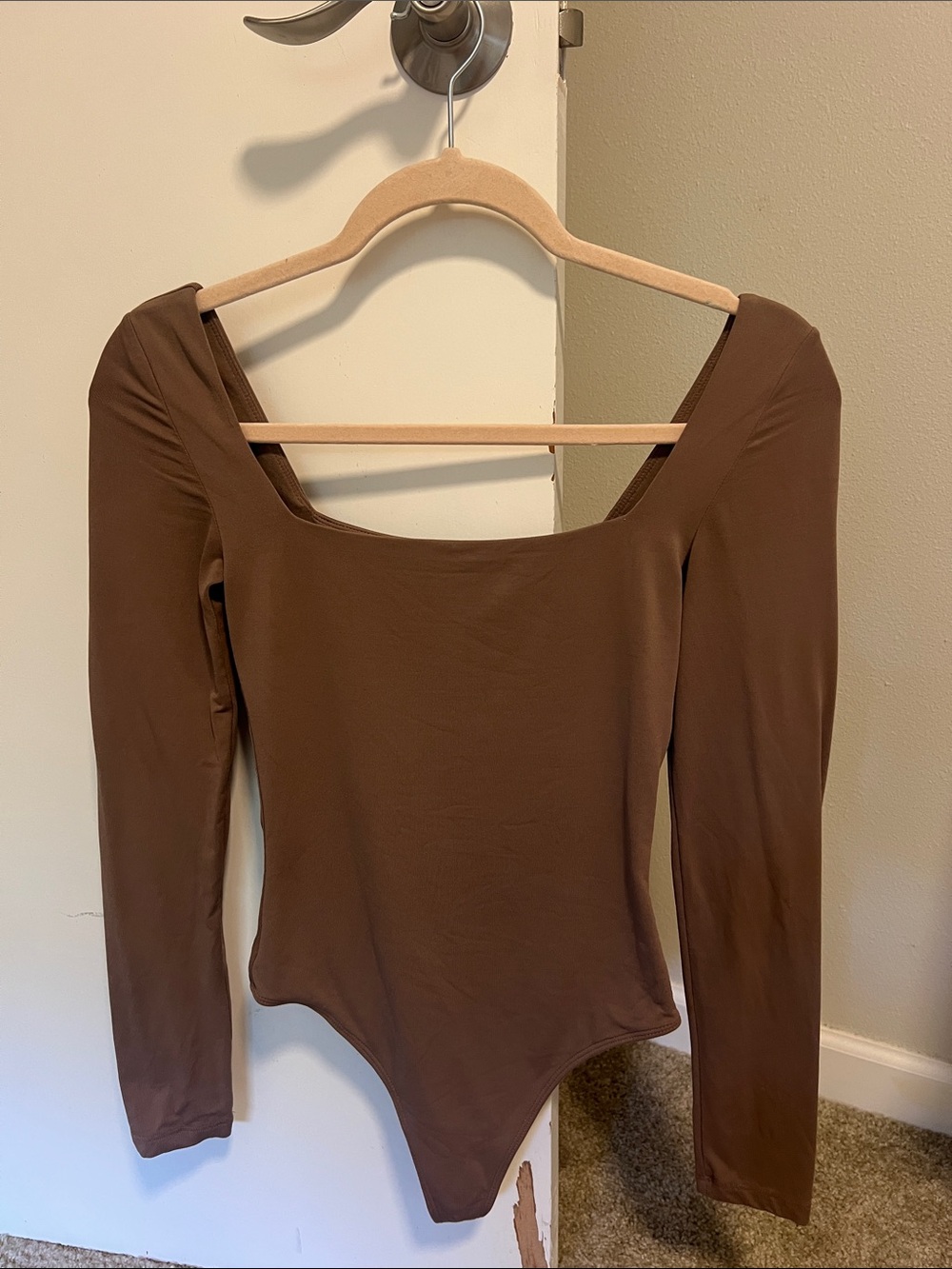 Babaton Brown Long-Sleeve Square-Neck Bodysuit